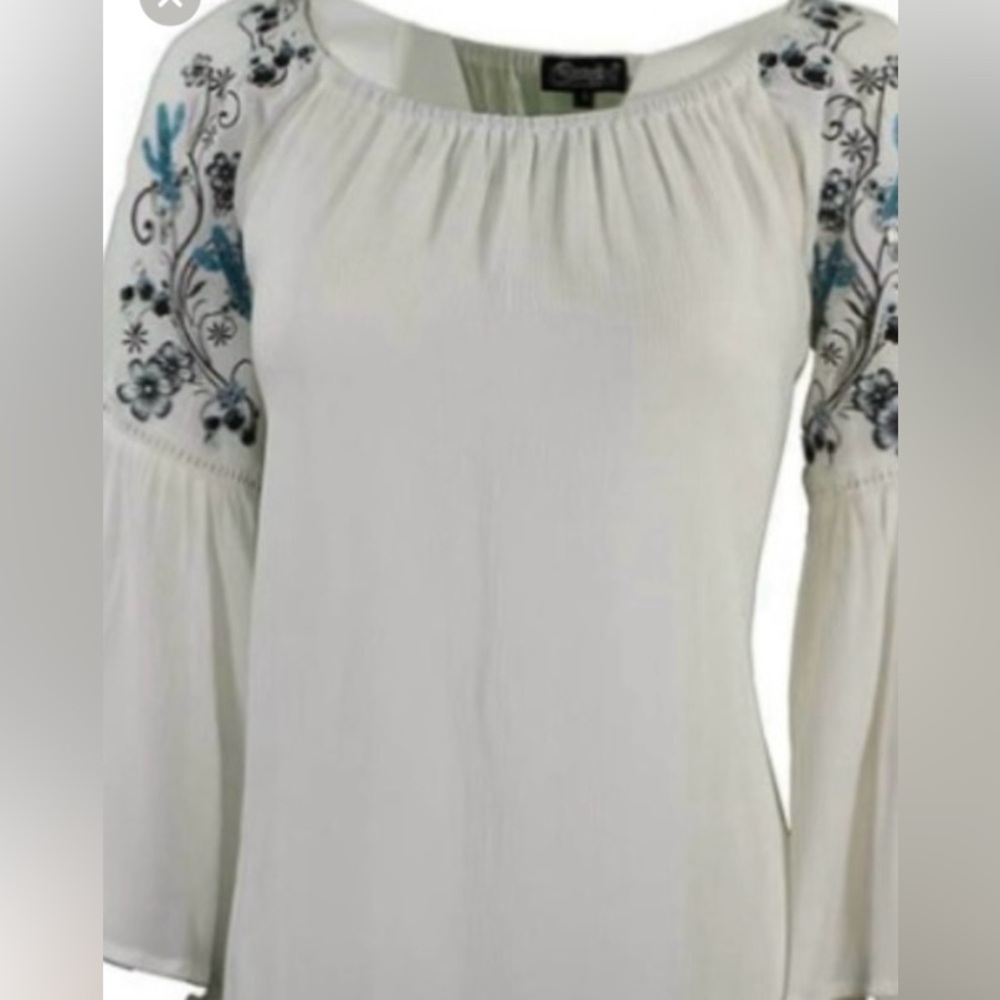 Cowgirl SZ L White Blouse with cactus Western style Embroidery Bell sleeves